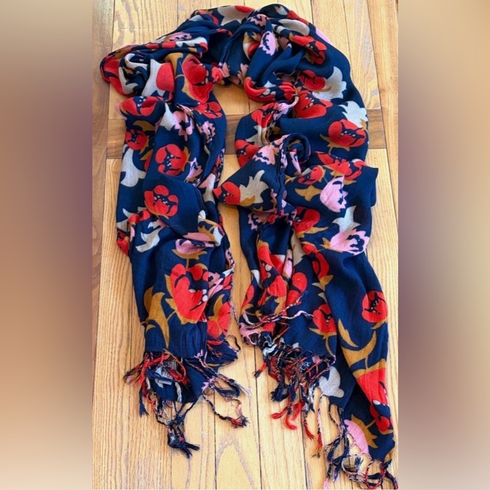 Spartina 449 Floral Scarf Navy Red Pink Fringe Lightweight Fall Boho Coastal